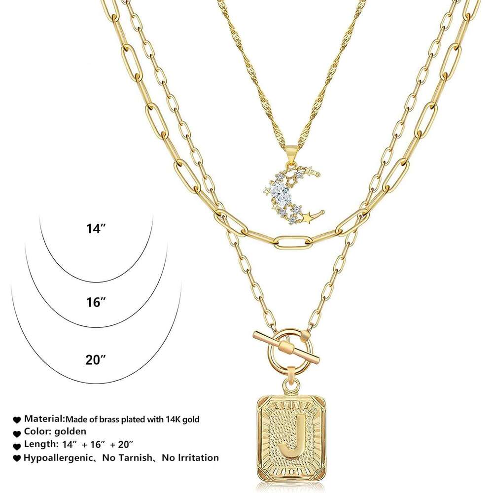 Layered Initial for Women Trendy, 14K Plated Simple Moon Choker Square Letter Pendant Paperclip Chain Necklace, Gold Necklaces Jewelry Gifts