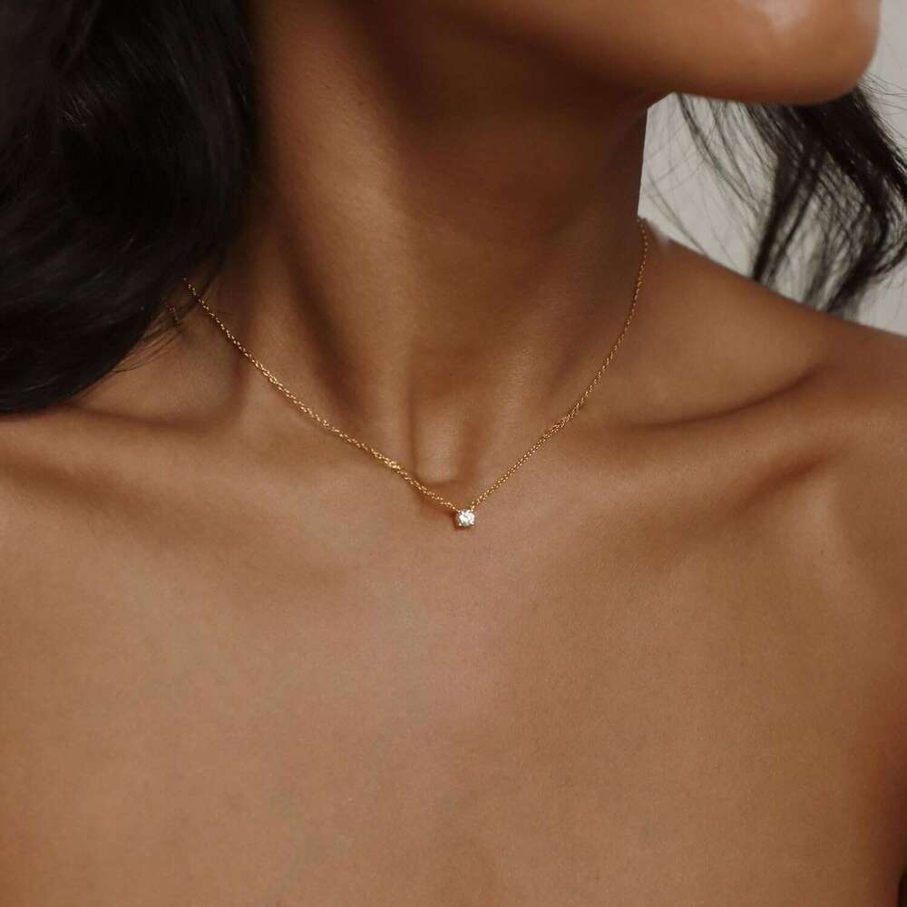 Ladies' exquisite 14k gold-plated/sier plated pendant fashionable and simple small sier cubic zirconia round single piece necklace, ladies' 