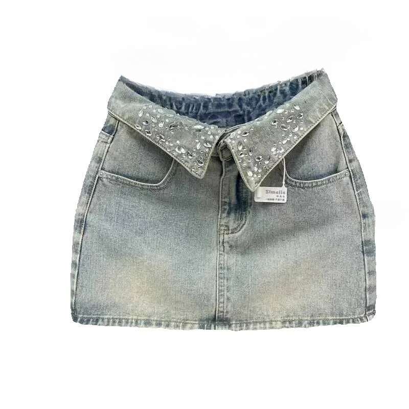 25 Hot Sales Cool collar Rhine shorts womens jeans skirt summer new hot girl high waist light blue denim A-Line skiing XJ260206