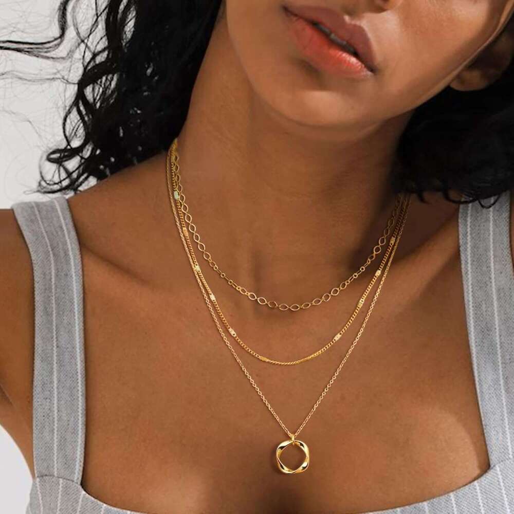 Layered necklace, 14k gold-plated/pure sier stackable circular pendant necklace set