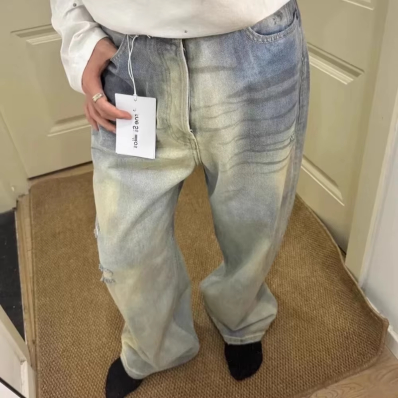 Vintage Cleanfit Damaged Hole Blue Baggy Jeans Pants for Men and Women Washed Casual Wide Leg Loose Denim Trousers Oversized