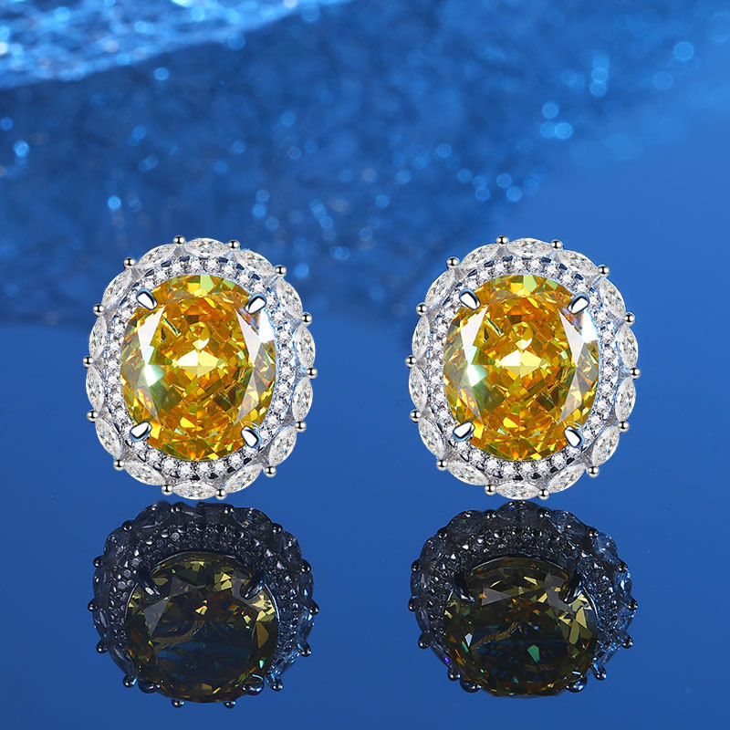 925 Sterling Silver High Carbon Diamond Yellow Gemstone Jewelry Set Necklace Stud Earrings Ring Women's Elegant Fashion Accessories