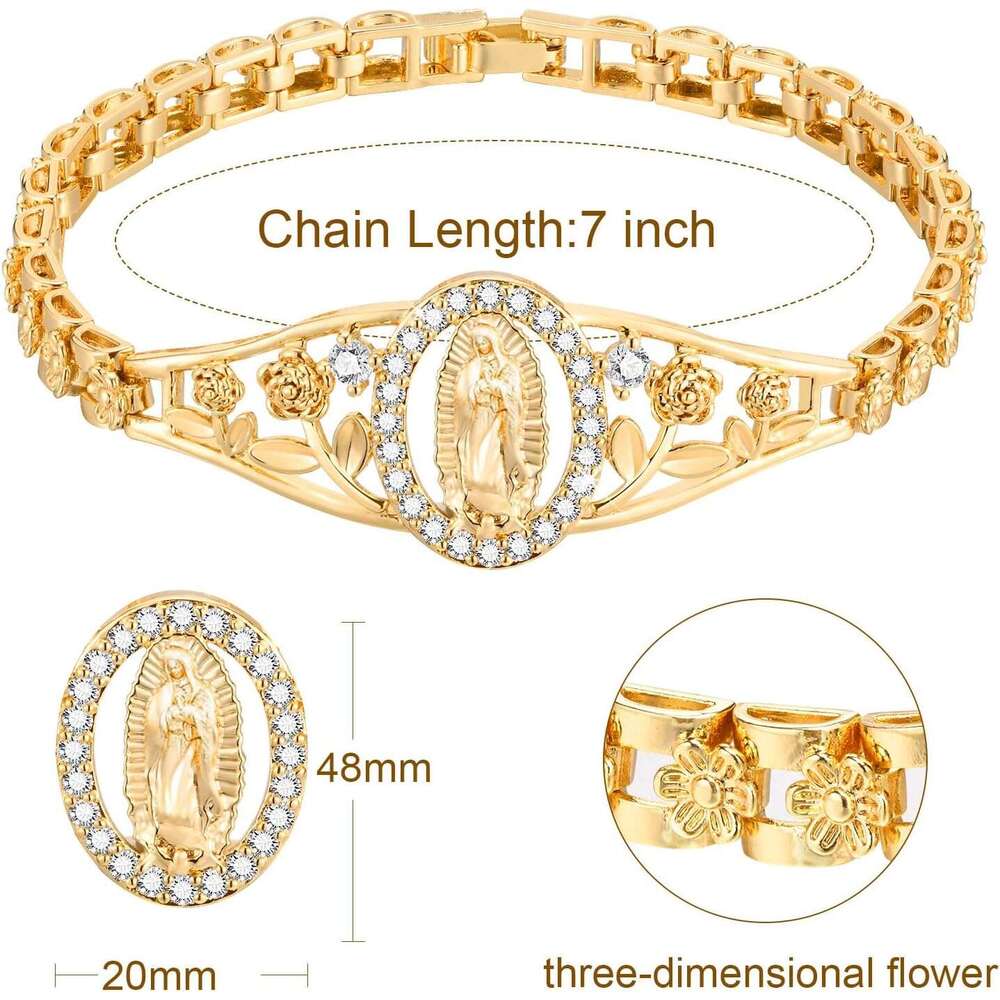 Catholic Bracelet Women-14k Gold Plated Bracelet,Hypoallergenic Non Tarnish Trendy Jewelry,Dainty Stainless Steel Cubic Zirconia Religious Baptism Vir
