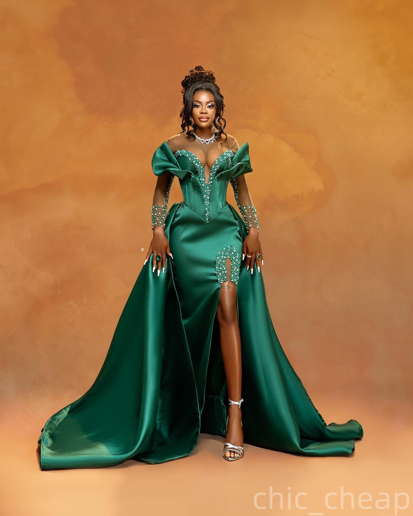 Dark Green Mermaid Prom Dresses 2025 Crystals Pearls Satin High Split Evening Formal Party Second Birthday Engagement Gowns Plus Size Dress For Specia