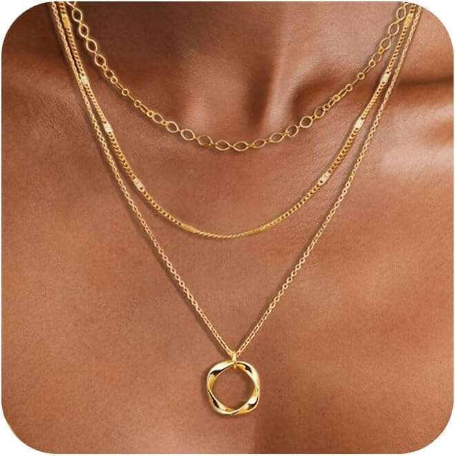 Layered necklace, 14k gold-plated/pure sier stackable circular pendant necklace set