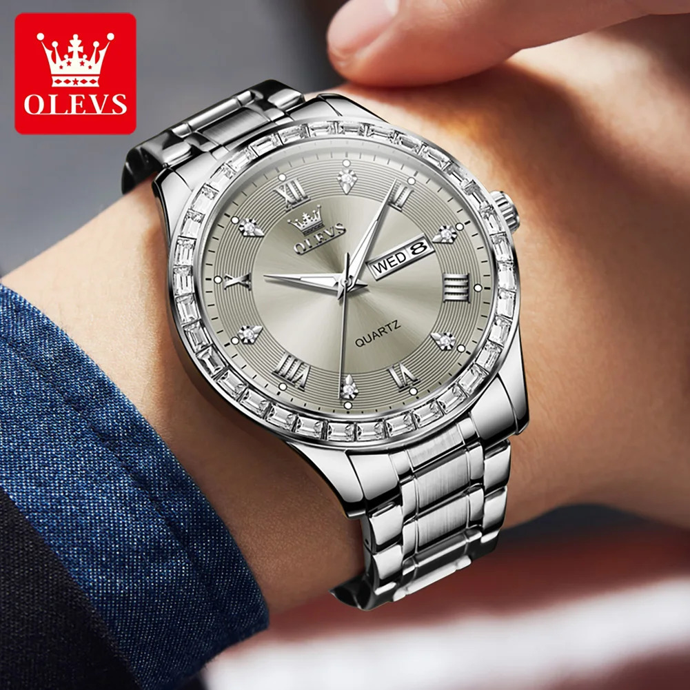 OLEVS 9906 Square Diamond Mens Quartz Watch Stainless Steel Strap Waterproof Dual Calendar Original Business Wristwatch 250603