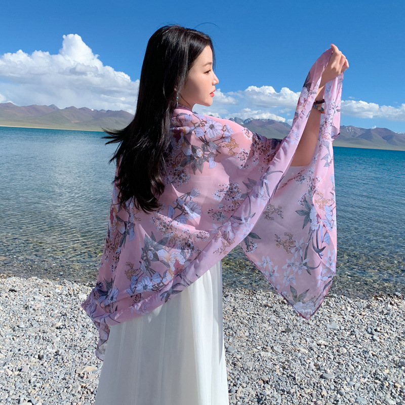 K826 Korean version of the new silk scarf women's summer seaside vacation sun protection shawl travel printed gauze chiffon beach towel scarf