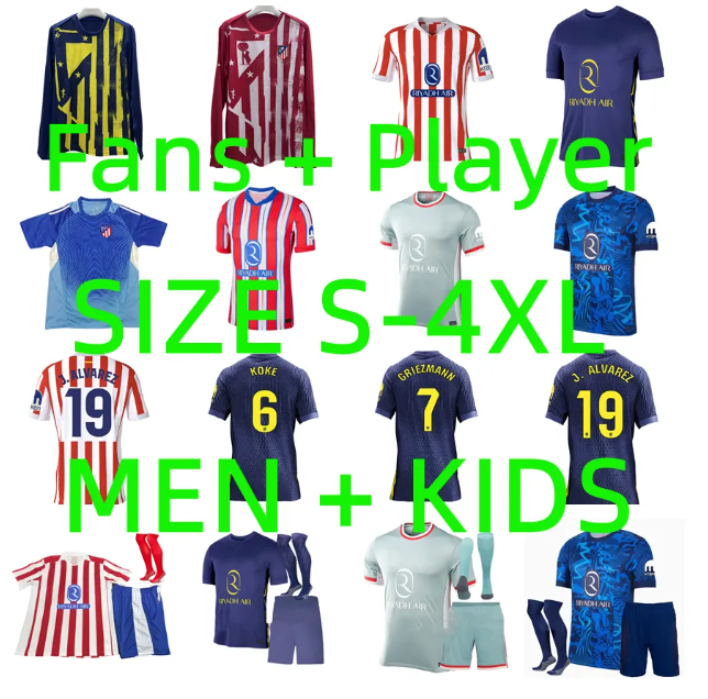 24 25 26 Atletico Madrids J.ALVAREZ Soccer Jerseys Player version 2025 2026 GRIEZMANN SORLOTH Camiseta Football Shirt CORREA GIULIANO LLORENTE DE PAUL KOKE Men Kids