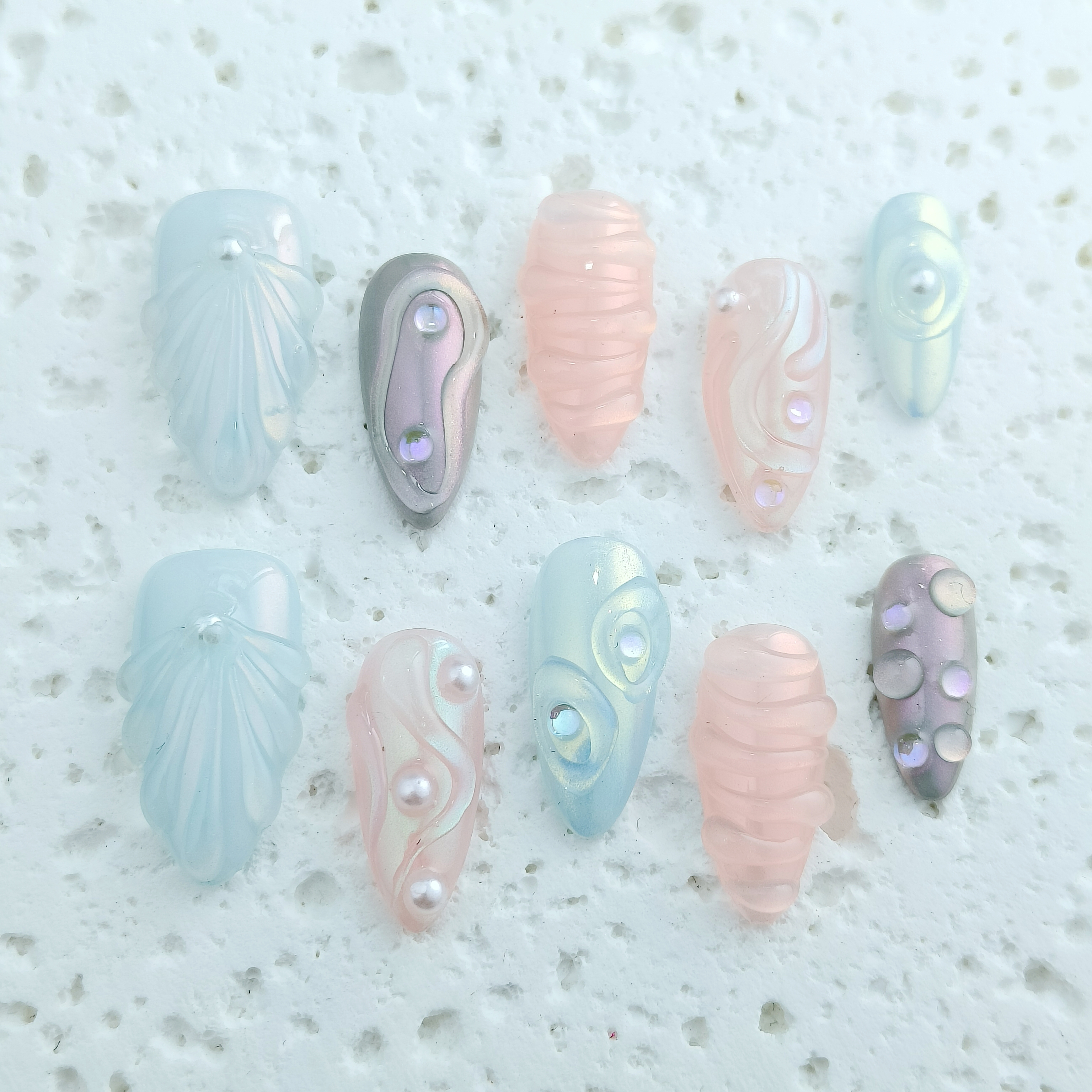 10pcs Handrawn 3D Handmade Press-on nails Medium Almond Nails Bundle Spring Summer Colorful Fake nails Finished nail stickers Free storage box jelly g