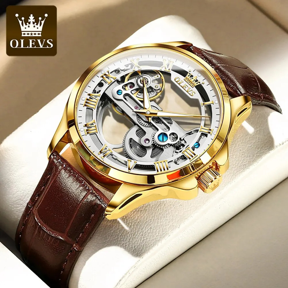 OLEVS Men Watches Automatic Mechanical Wristwatch Skeleton Waterproof Leather Strap Male Watch Reloj Hombre 250603