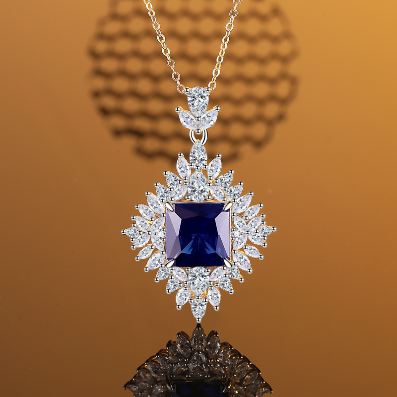 925 Sterling Silver Sapphire Pendant Necklace with Full Diamond Inlay, Luxury Fashion Jewelry for Women, High-End Design Necklace