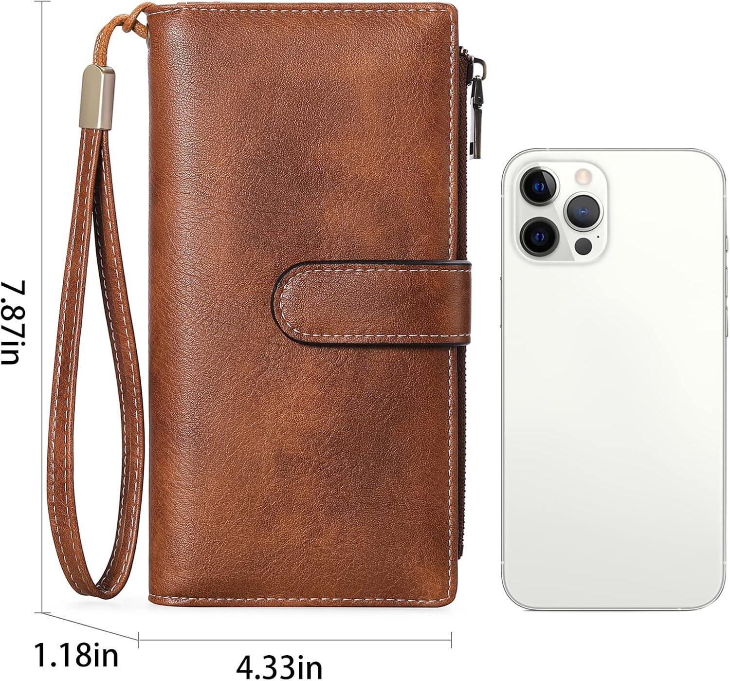 GOIACII Large Capacity Credit Card Clip RFID Wallet Zipper Pocket Leather Double Fold Women's Wristband Handbag, A01 Brown,