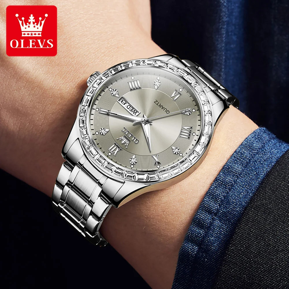 OLEVS 9906 Square Diamond Mens Quartz Watch Stainless Steel Strap Waterproof Dual Calendar Original Business Wristwatch 250603
