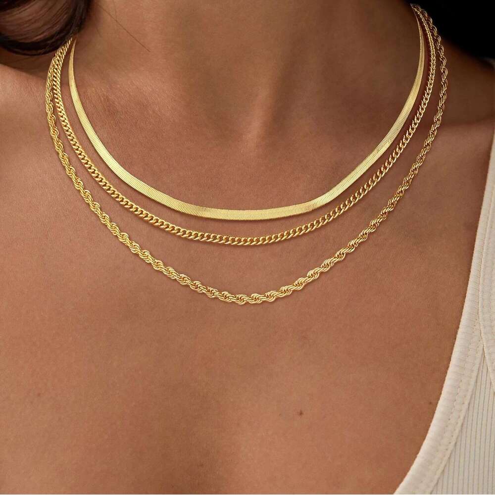 Layered Necklaces Stackable Chunky 14k Gold Cuba Snake Circle Paperclip Chain Simple Pendant Choker Herringbone Necklace Jewelry Set for Women giftss