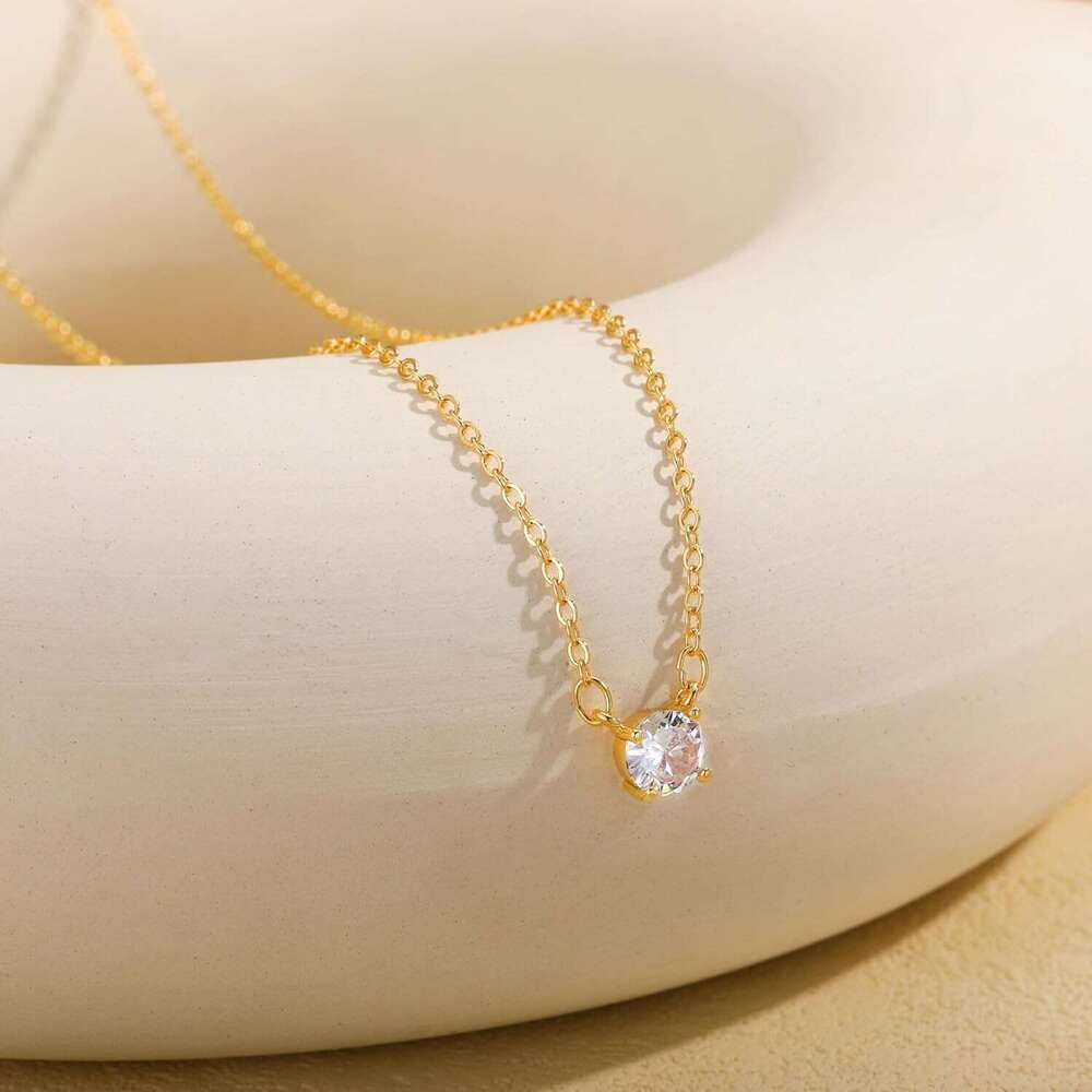 Ladies' exquisite 14k gold-plated/sier plated pendant fashionable and simple small sier cubic zirconia round single piece necklace, ladies' 