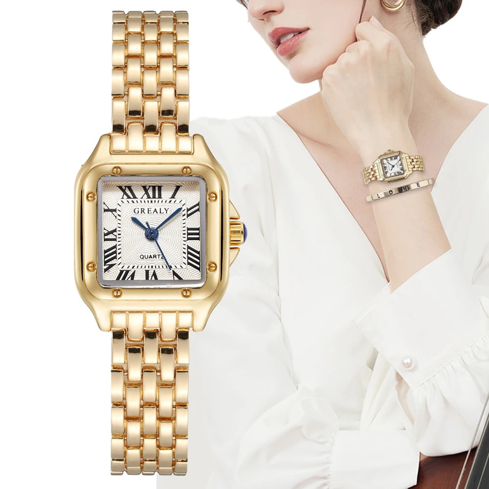 Womens Fashion Square Watches Gold Alloy Strap Ladies Quartz Wristwatches Qualities Female Roman Scale Clock 250521