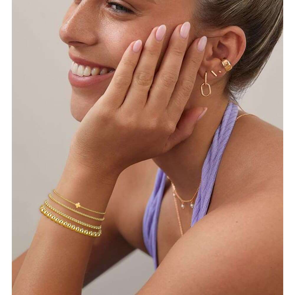 Beaded Women, 14K Real Gold Plated Jewelry Dainty Pearl Bead Bracelets Stack, Non Tarnish Trendy Stackable Ball Cross Stretch Bracelet Set Fashion Acc