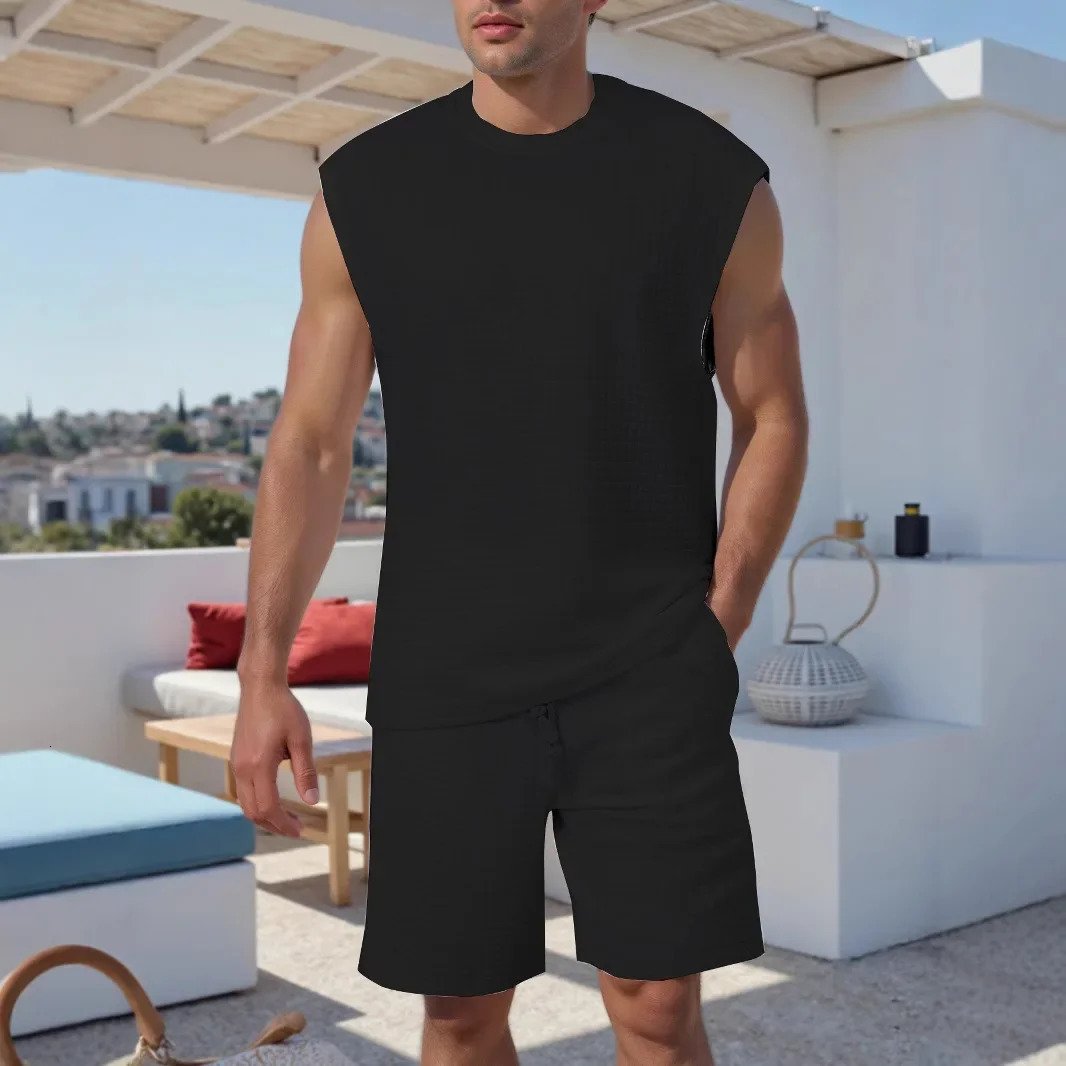 sleeveless small checkered vest and shorts twopiece set crossborder sports leisure solid color mens suit 250614