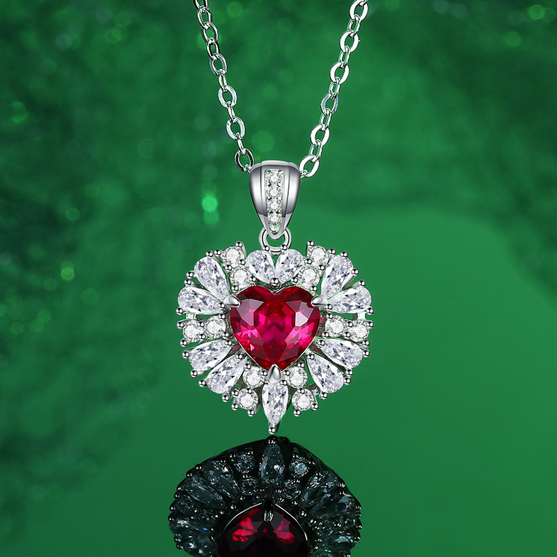 S925 Sterling Silver Heart-Shaped Red Ruby Jewelry Set with Necklace, Ring, and Earrings for Women - Elegant and Vintage Style