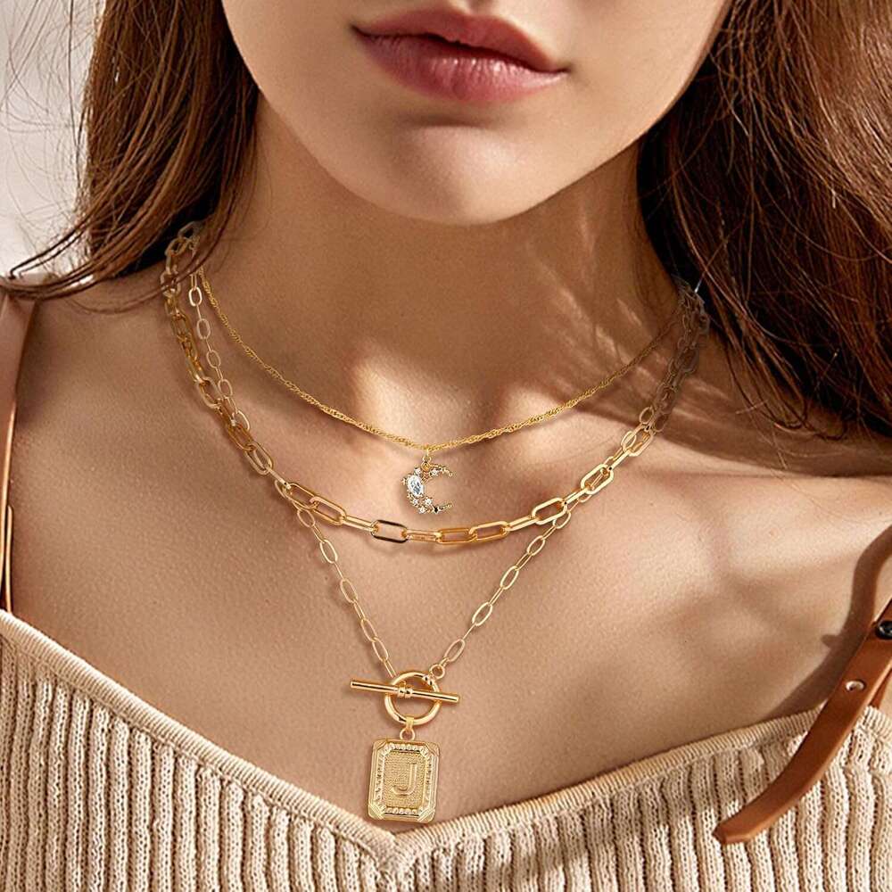 Layered Initial for Women Trendy, 14K Plated Simple Moon Choker Square Letter Pendant Paperclip Chain Necklace, Gold Necklaces Jewelry Gifts