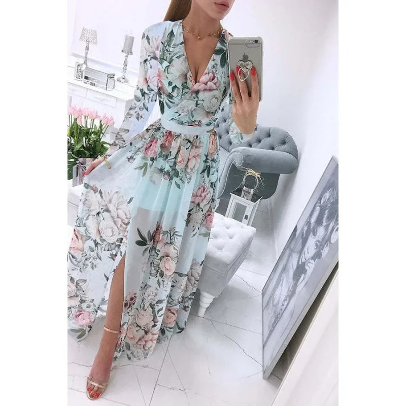 Summer Long Sleeve V-Neck Chiffon Printing Bohemian Dress For Women Independent Station Fashion 250519