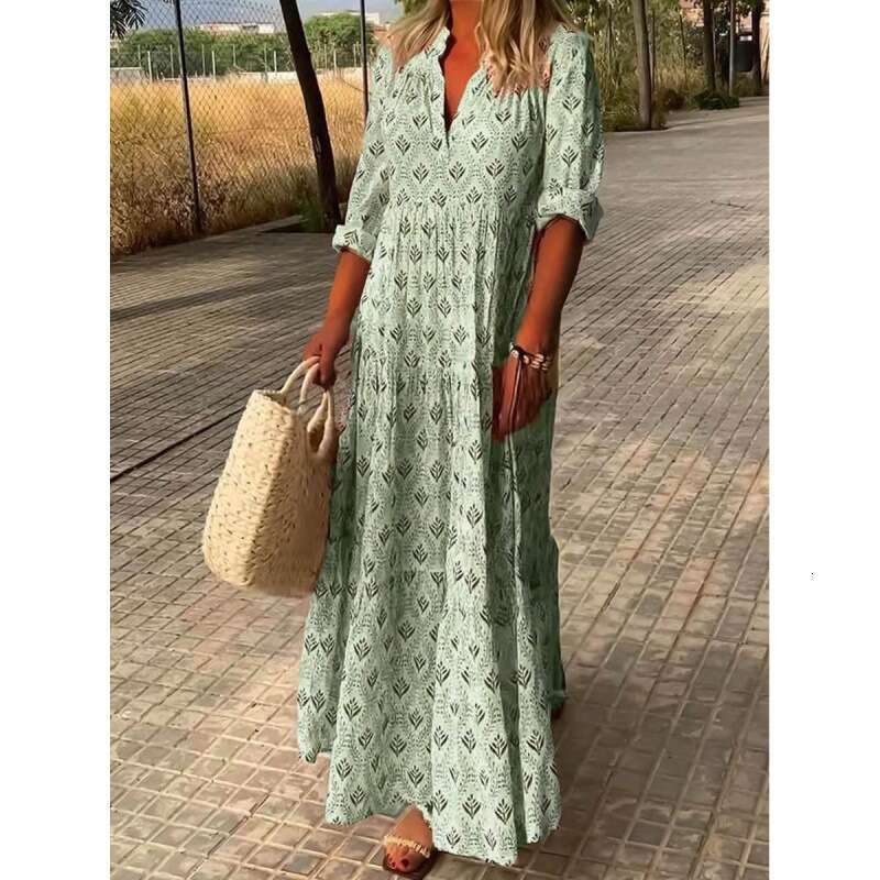 Maxi Dress Women S Summer New Standing Collar Large Fashion Loose Fitting Dress Long Style Floral Dress