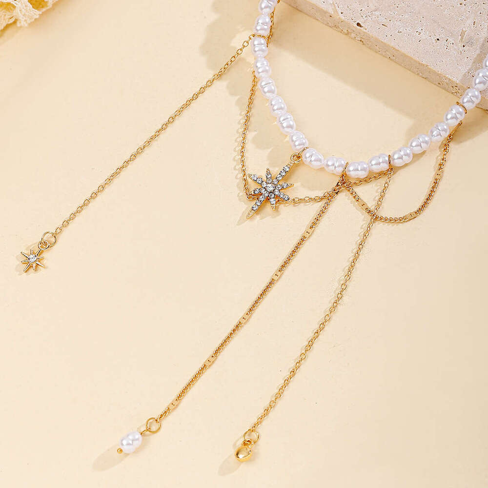 Jewelry Bohemian style pearl necklace with personalized tassel alloy hexagonal star collarbone chain for women