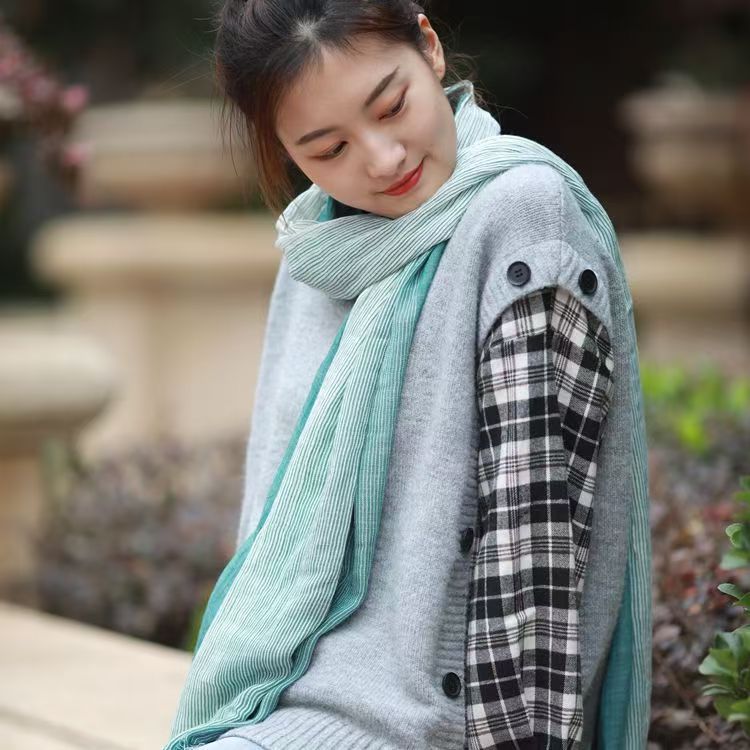 T798 cotton and linen scarf female linen versatile literary striped scarf female spring and autumn gradient color silk scarf student shawl autumn and 