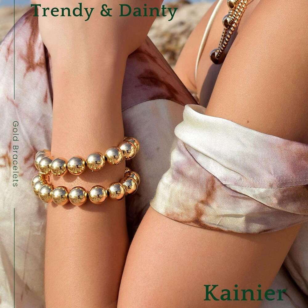 Beaded for Women 14K Gold Plated Chain Bracelets Strand Non Tarnish Chunky Dainty Link Stackable Beads ball Bracelet 8/12/16mm