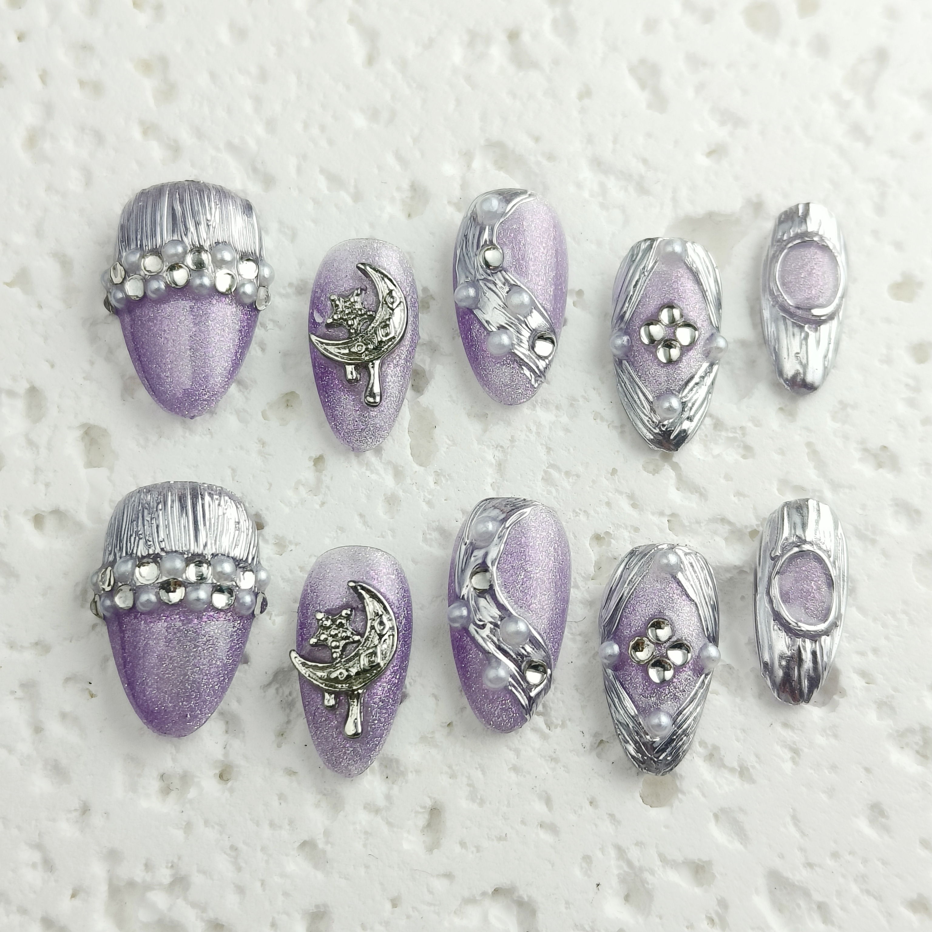 10pcs 3D Hand drawn Handmade Press-on nail Short Almond Nails Bundle 3D Moon Star Pearl Sweet Elegant Finished nail stickers Free storage box jelly gl