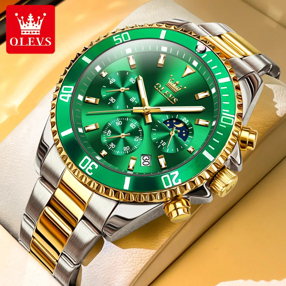 OLEVS 2870 Mens Watches Moon phase Steel Calendar Chronograph Original Quartz Watch Big Rota Dial Sports Wristwatches 250603