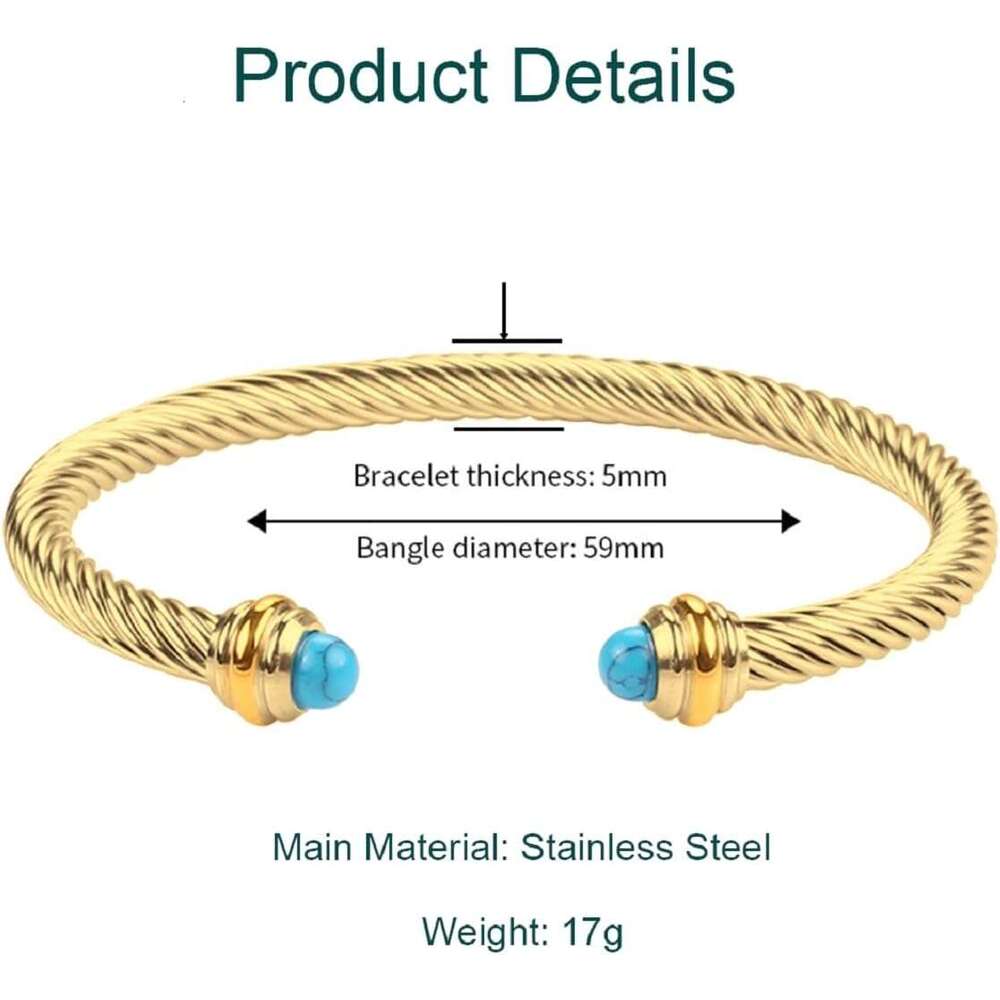 14K Gold Plated Adjustable Twist Stainless Steel Cable Wire Turquoise Charm Bracelets Friendship Open Bangle Wrist Cuff for Women Men