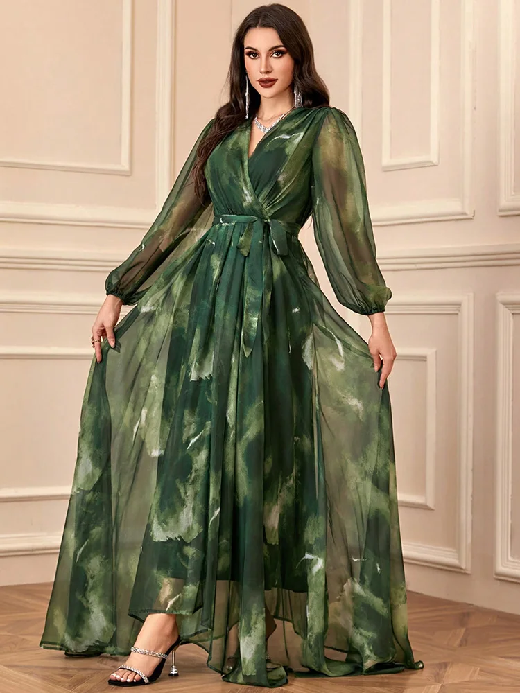 Women's V-Neck Cross Wrap Elegant Long Sleeve Random Print Summer Dress 2024 New Spring Casual Formal Party Maxi Dresses