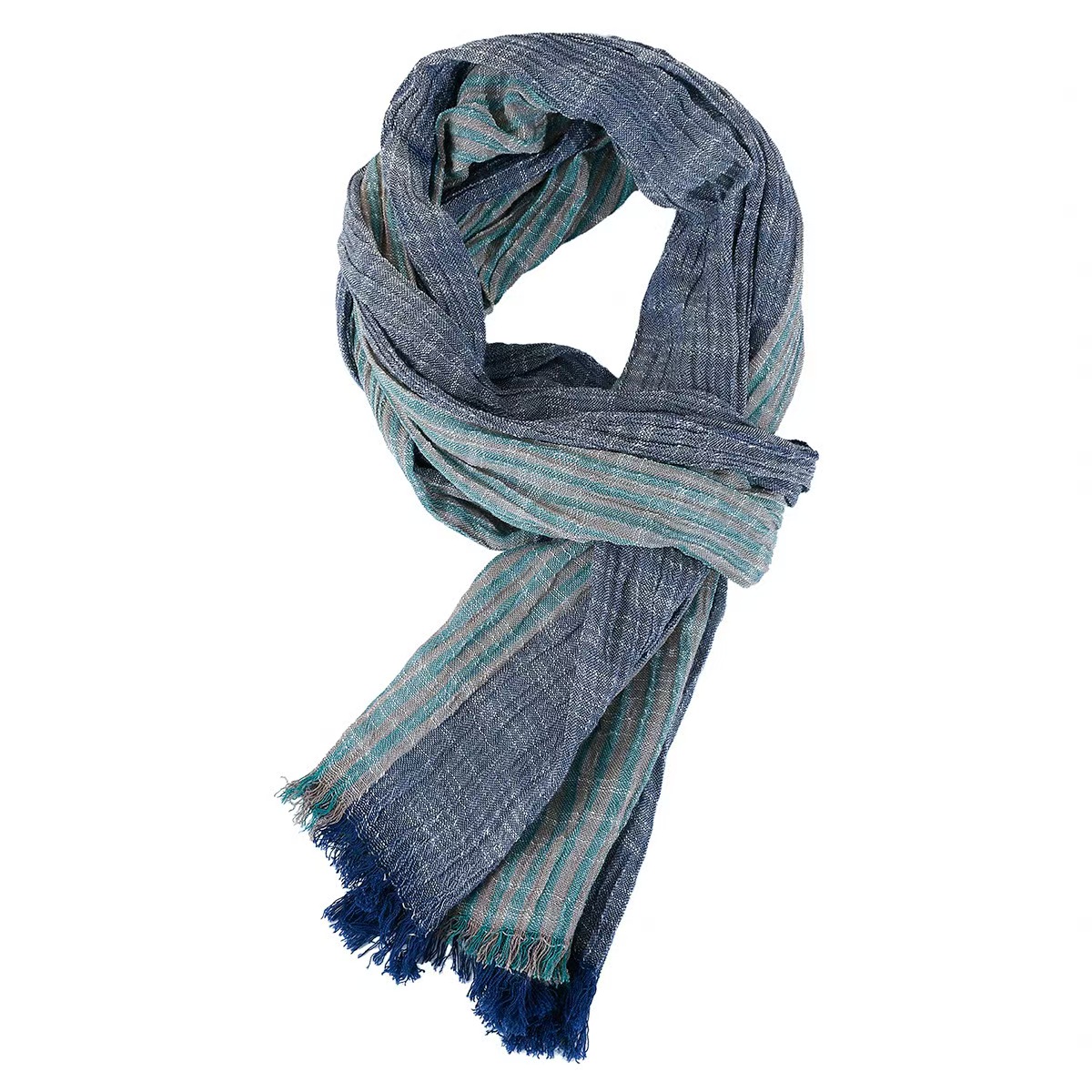 T795 scarf spring and summer pinstripe scarf navy blue color matching yarn-dyed thin casual men's scarf
