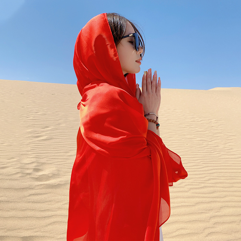 K830 Desert red silk scarf shawl female summer sun protection Tibet Sichuan travel outer skirt thin photo scarf