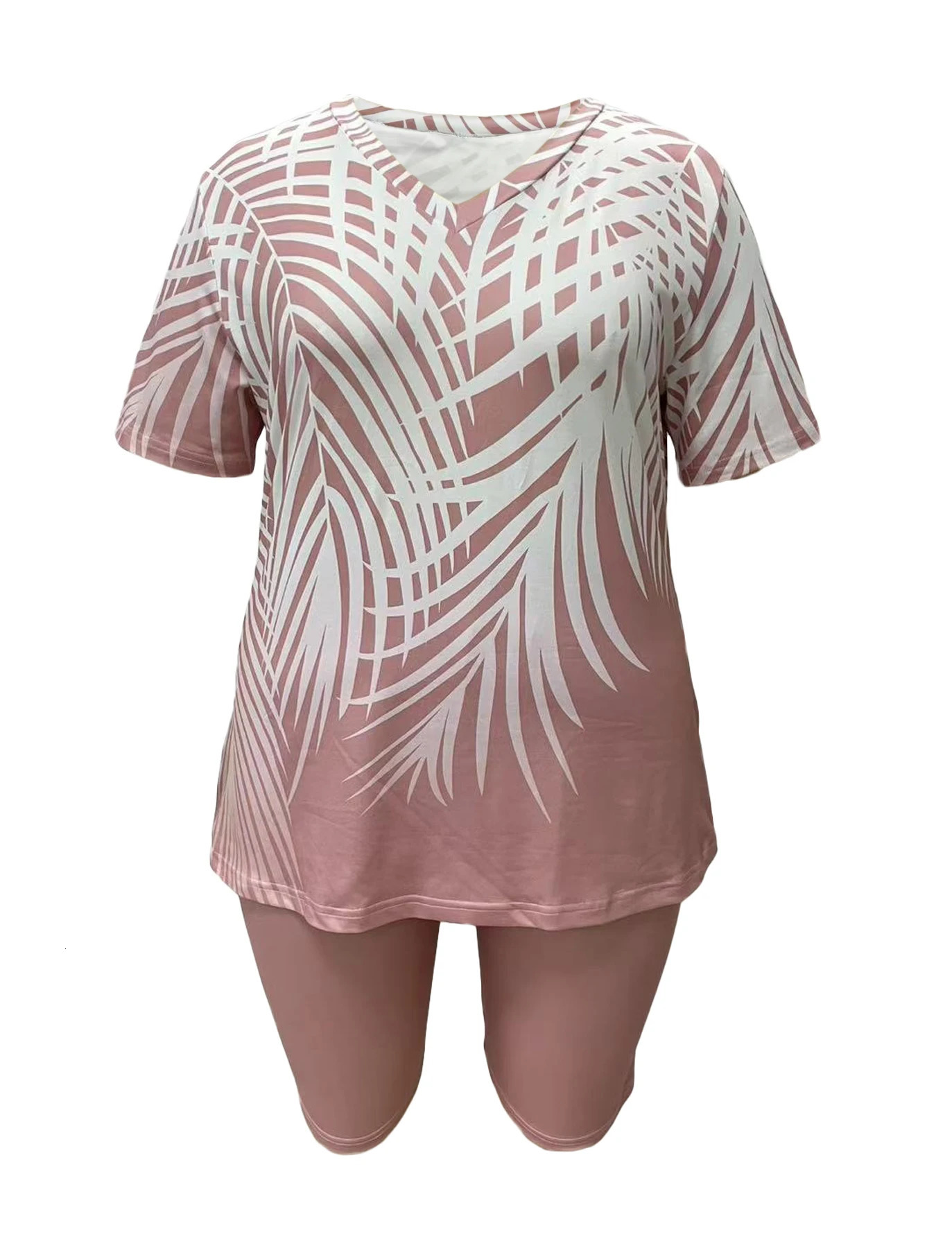 Plus size womens fashion casual vacation short sleeve set with printed top and solid color bottom 250513Z