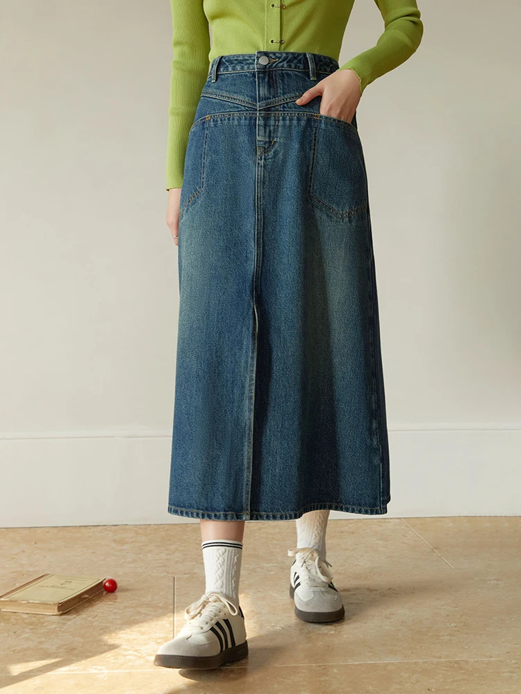 DUSHU Denim Skirt Women High Waist Long ALINE Skirts Office Lady Front Spilt Retro Blue Jean For 250516Z