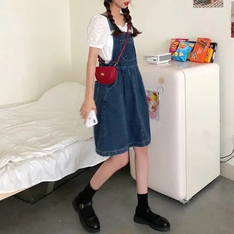 Denim Suspender Skirt Women Vintage Wash Blue Aline Casual Summer Onepiece Korean Y2k Strap Female 250516Z