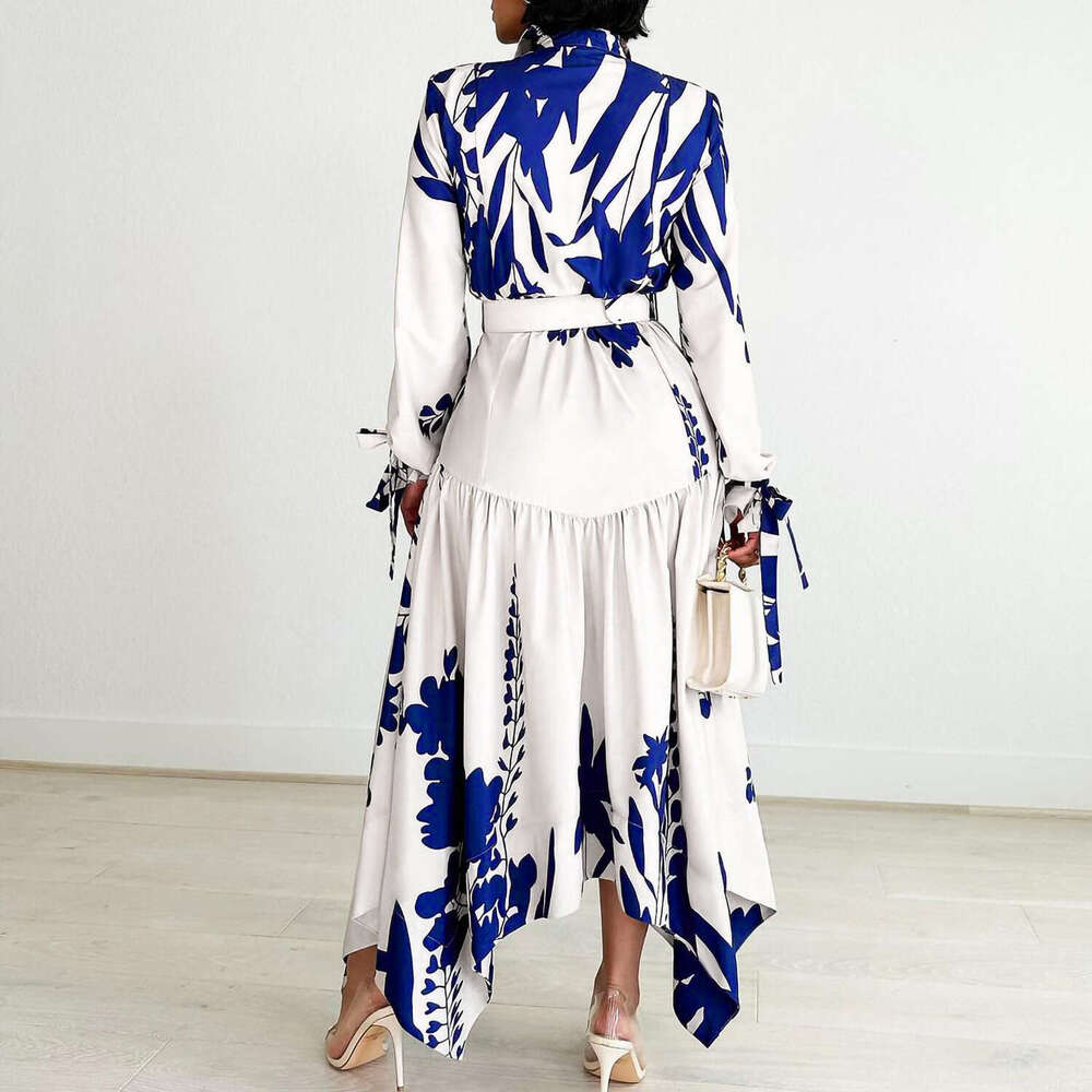 Maxi Dress D Large Women S New Temperament Printed Irregular Flip Neck Dress Floral Dress
