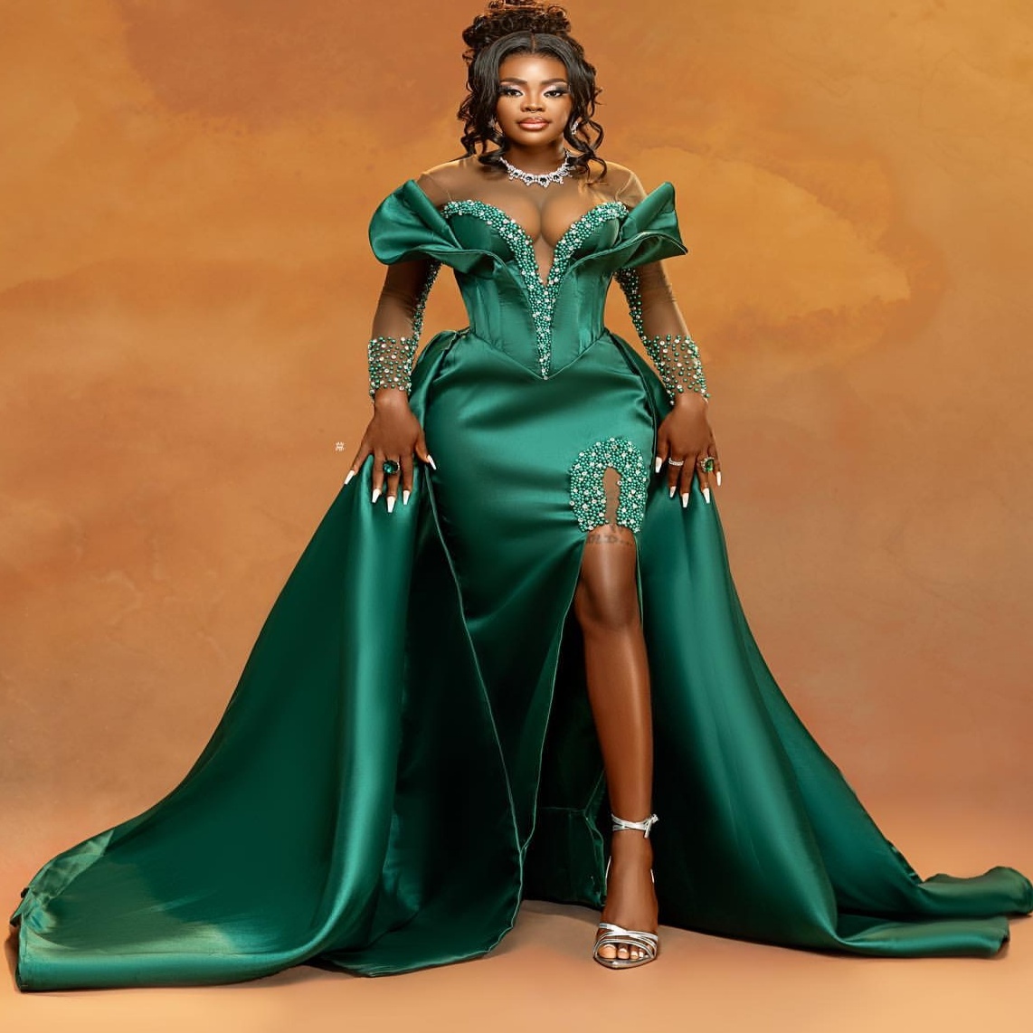 Dark Green Mermaid Prom Dresses 2025 Crystals Pearls Satin High Split Evening Formal Party Second Birthday Engagement Gowns Plus Size Dress For Specia
