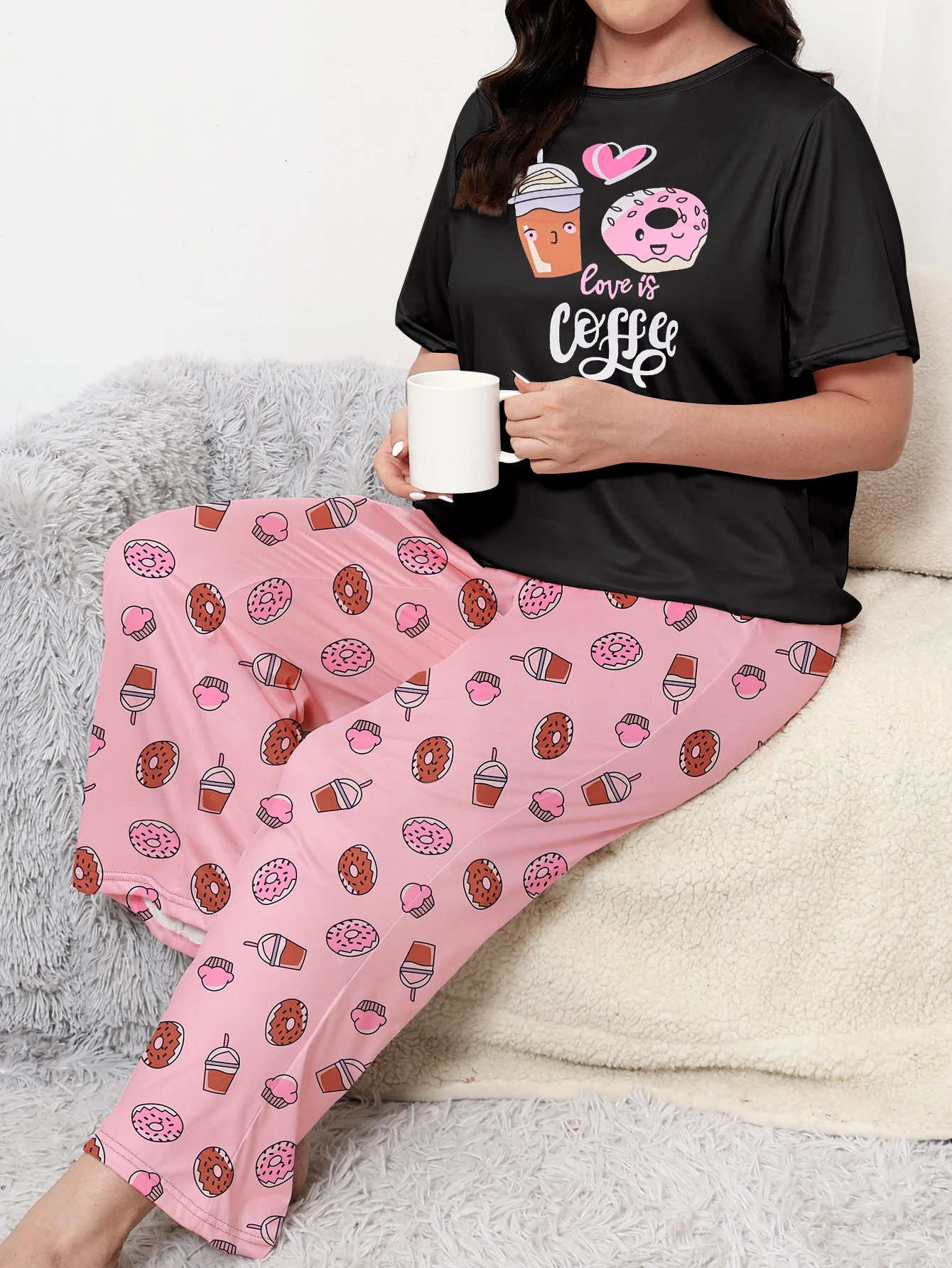 Plus size pajama set can be worn for both home and casual wear Casual made of milk silk material short sleeved long pants 250513Z