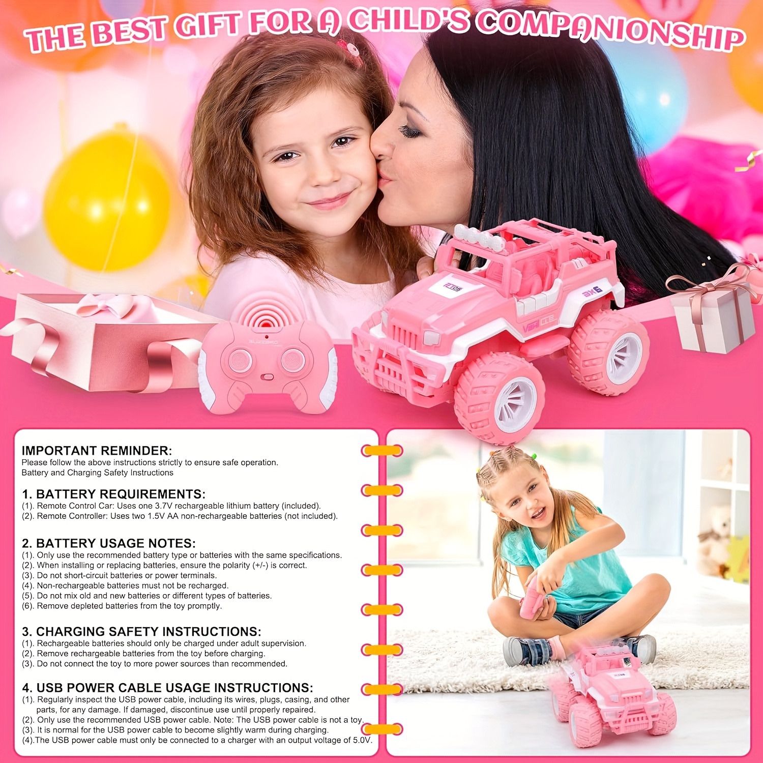 Free shipping Pink Car, 1:16 Scale Jeep By, All Terrain Offroad Monster RC Truck with LED Lights Rechargeable Battery, Toy Car for Girls and Kids, Bir