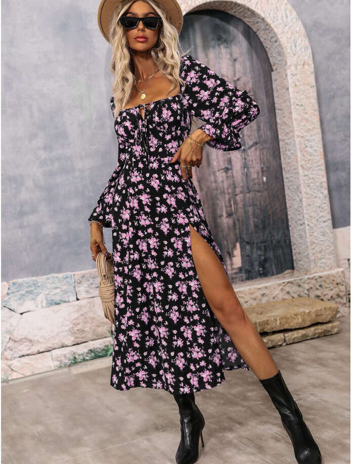 Maxi Dress Spring Autumn New Printed Long Sleeve Bohemian Dress With Bareback Floral Dress
