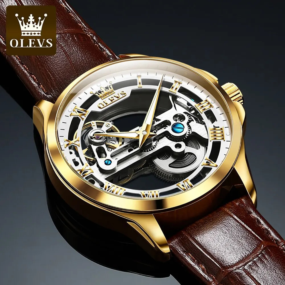 OLEVS Men Watches Automatic Mechanical Wristwatch Skeleton Waterproof Leather Strap Male Watch Reloj Hombre 250603
