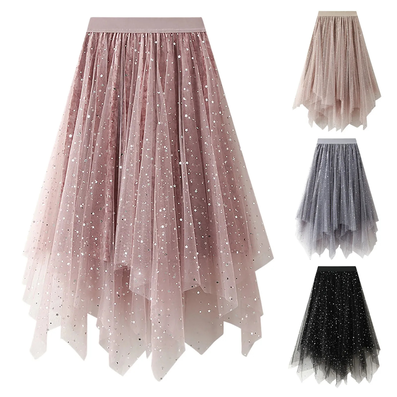 Womens A Line Skirt Fairy Elastic Waist Tulle Midi Mesh Starry Sky Irregular Brim Tutu Women Dancing Clothes 250516Z