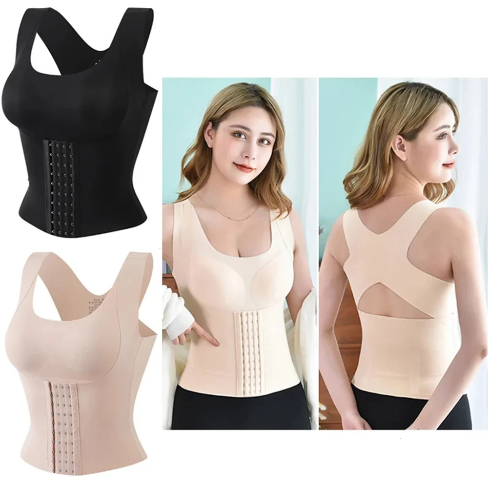 Women's 3-in-1 button-down bra style clothing posture correction weight loss cross-back underwear abdominal sleeveless T-shirt250603