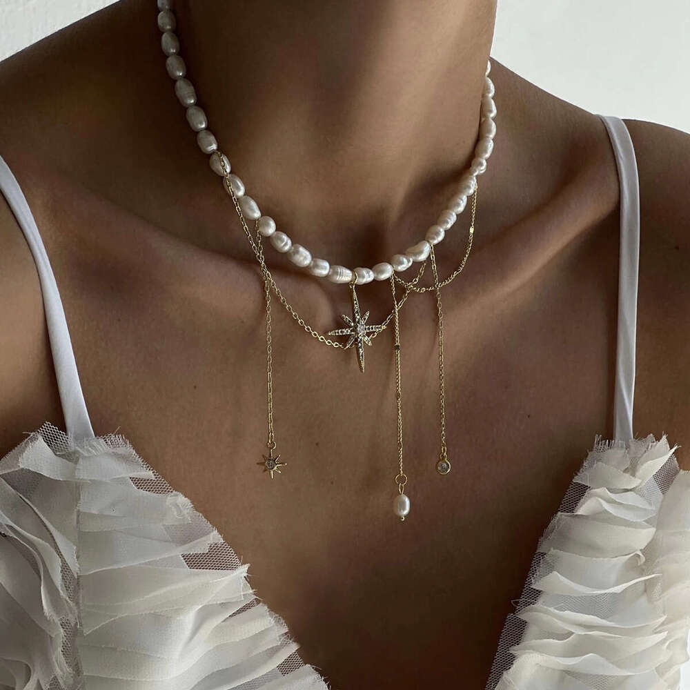 Jewelry Bohemian style pearl necklace with personalized tassel alloy hexagonal star collarbone chain for women