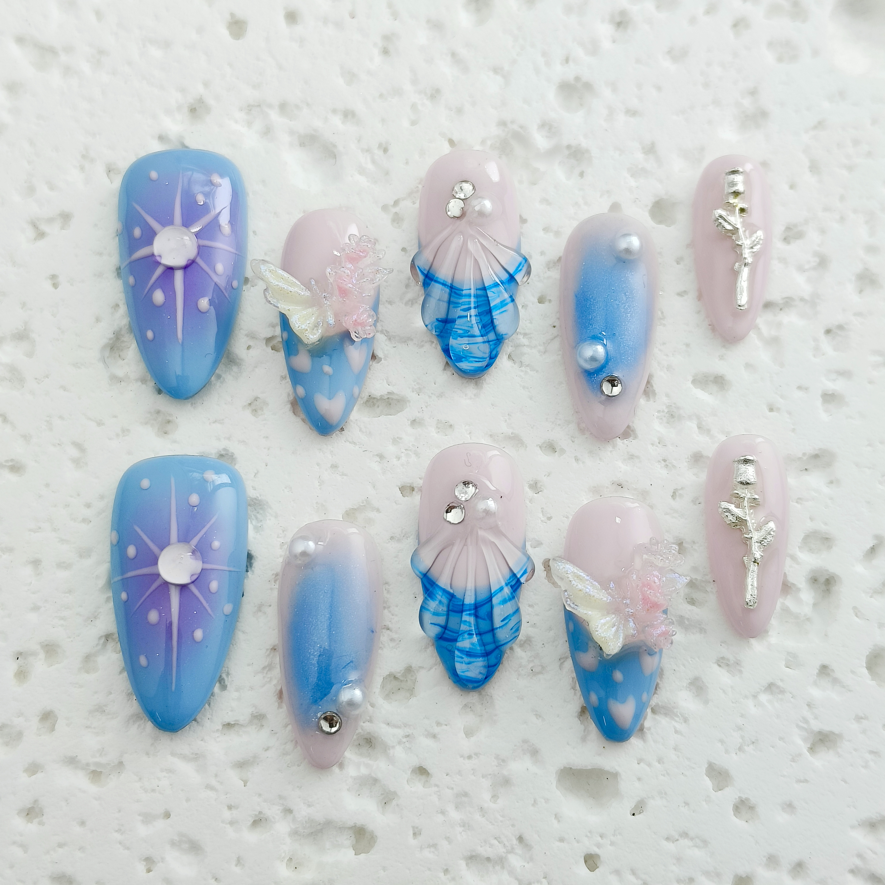 10pcs Summer Series Handmade Press-on nails Medium Almond Nails Hand drawn French Tips Fake nails Bundle 3D Butterfly Rose Free storage box jelly glue