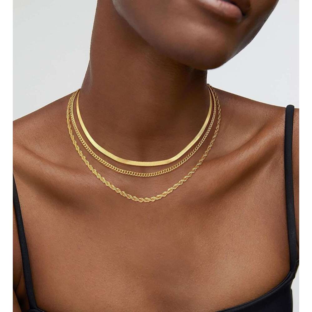Layered Necklaces Stackable Chunky 14k Gold Cuba Snake Circle Paperclip Chain Simple Pendant Choker Herringbone Necklace Jewelry Set for Women giftss
