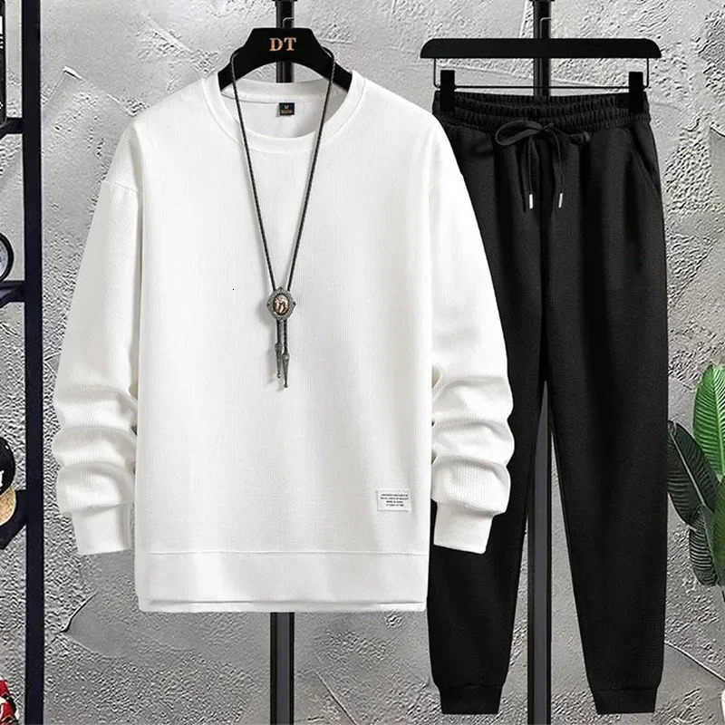 Summer Mens Waffle Sets Casual TShirt And Pants Set Male Sports Suit 2 Priece Solid Color Tracksuit Loose Suits Size 3XL 250614